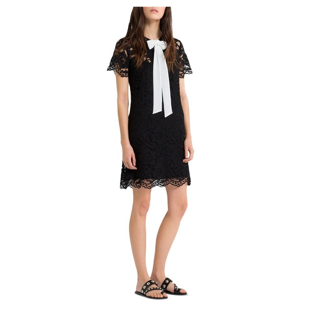 Sandro black lace w/ black slip & white bow dress